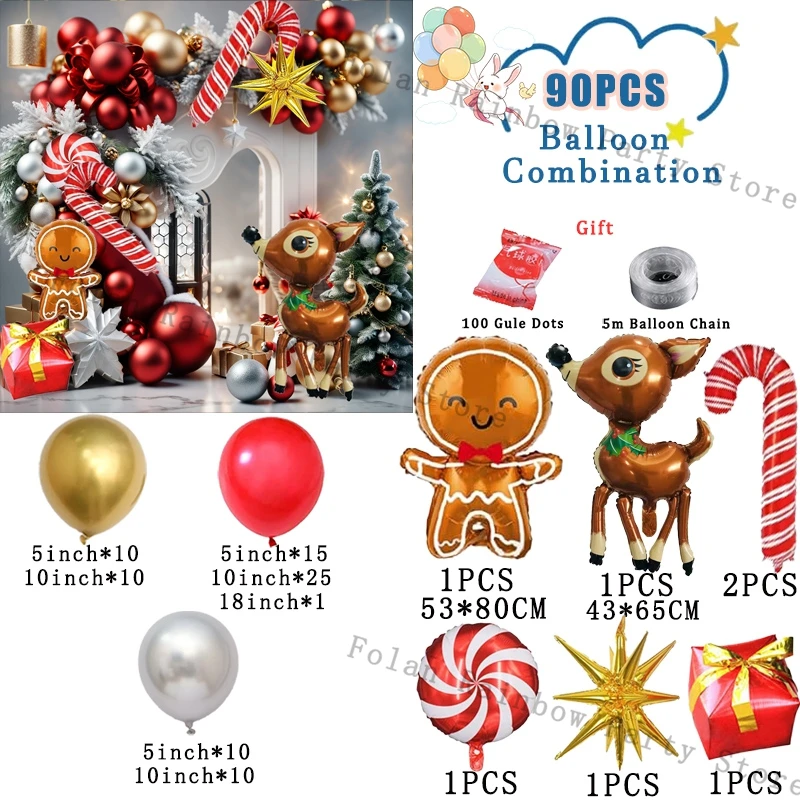 90PCS Christmas Balloon Garland Gold Red Box Candy Balloons Arch Santa Reindeer Star Foil Ballon New Year Christmas Party Decor