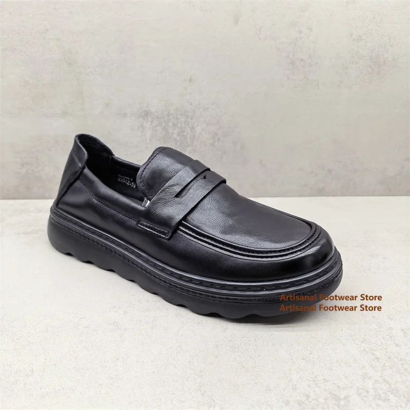 

Black Cowhide Loafers Men's Shoes British Style Slip On Casual Shoes Height Increasing Men's Shoes Trendy Handmade Men's Shoes