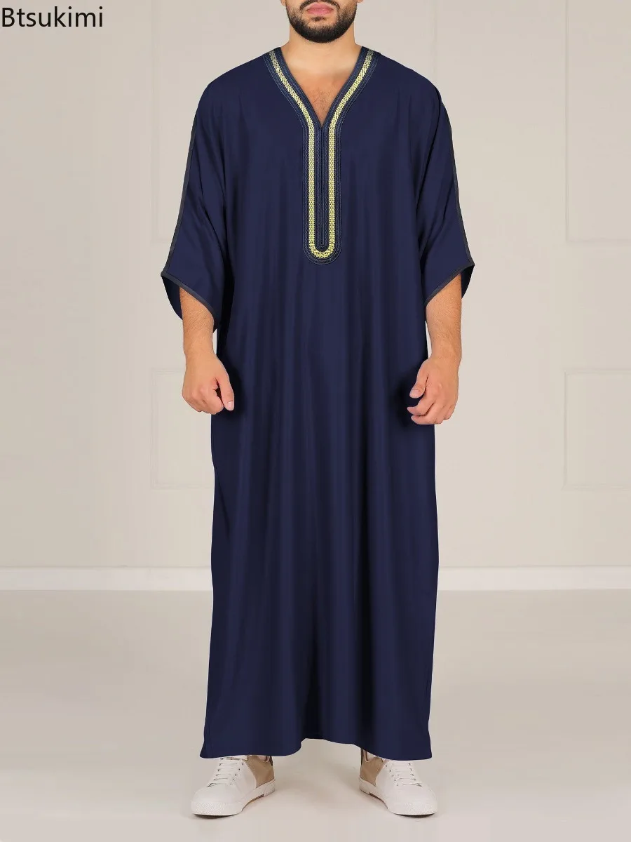 2026 Muslim Men's Kaftan Solid Casual Robe V-neck Loose Abaya Ethnic Vintage Embroidered Prayer Dress Arabic Islamic Jubba Thobe