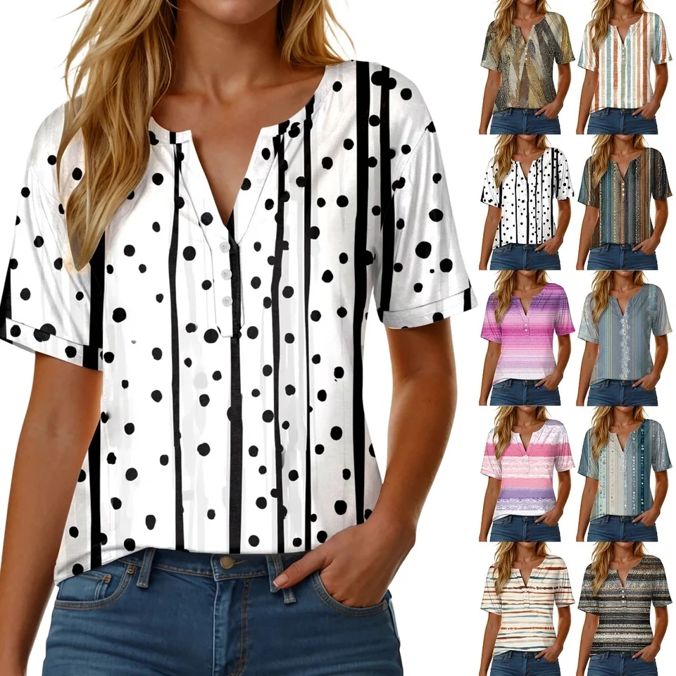 

Summer New Womens T-Shirt Casual Daily Tops Fashion Printed V Neck Button Short Sleeved T Shirts Female Tee Shirt Woman Clothing
