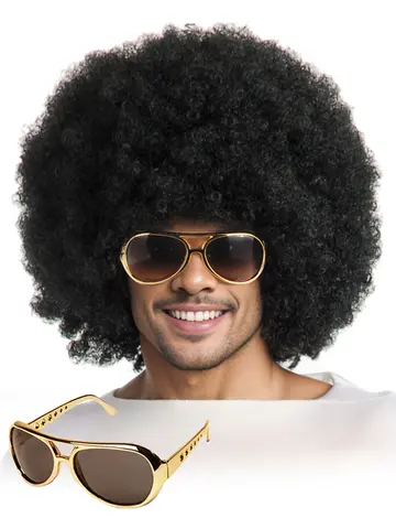 Peluca sintética africana para hombre, conjunto de 2 piezas {peluca + gafas} Peluca de disfraz de discoteca de los años 70 y 1980, cur corto esponjoso natural para hombre