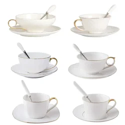 Nordic Minimalism Solid White Ceramic Coffee Cup and Saucer Set, Simple Gold Edge Flower Tea Cup, Household Porcelain Drinkware