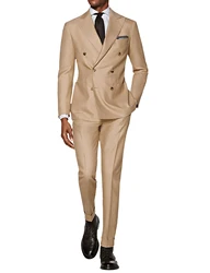 New Design Beige Suit with Peak Lapel Double Breasted Slim Fit Best Men Groom Tuxedos 2 Pieces Wedding Business Party Suits