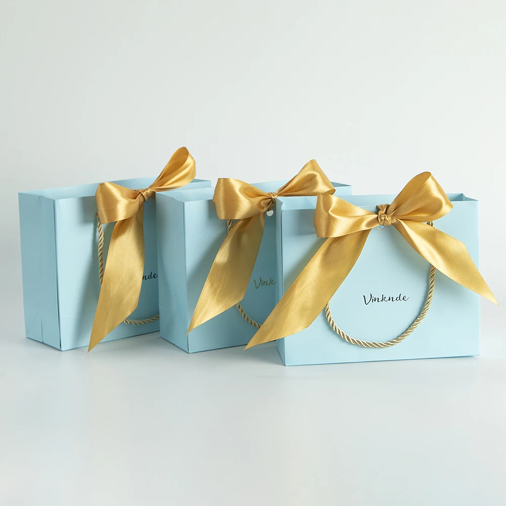 

24Pack Custom Logo Small Blue Gift Bags with Handles Party Favor Bags with Gold Bow Ribbon Paper Bags Bulk for Christmas Wedding