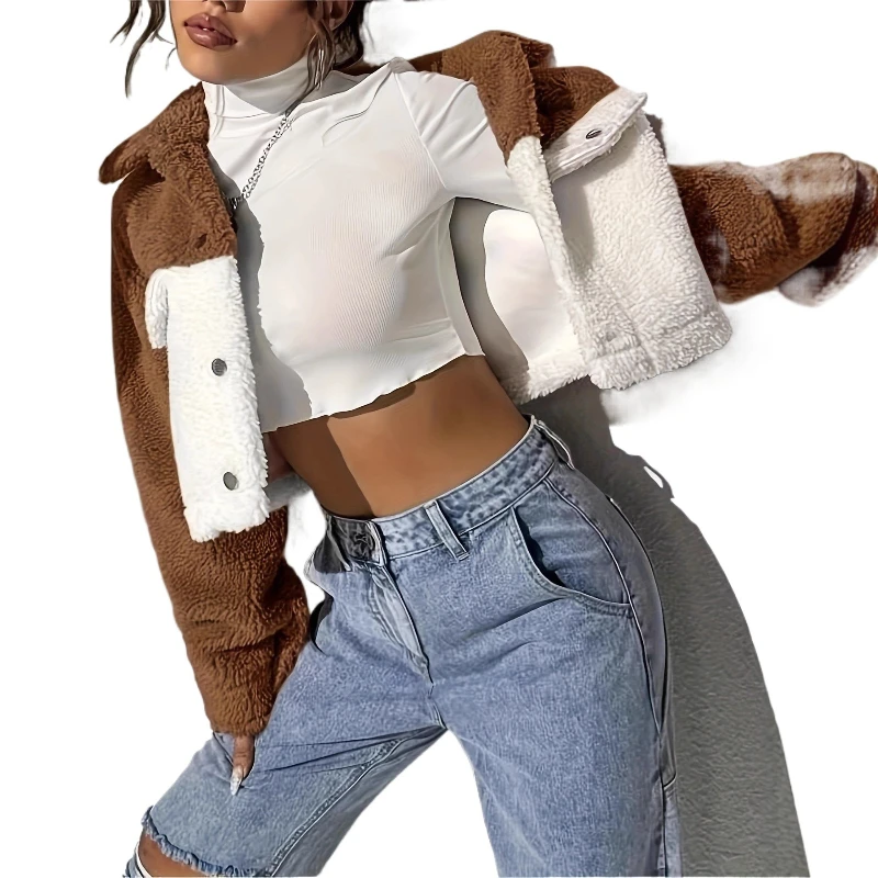 2025 Hot selling New Composite Plush Leisure Splicing Short Thick Collar Coat for Women