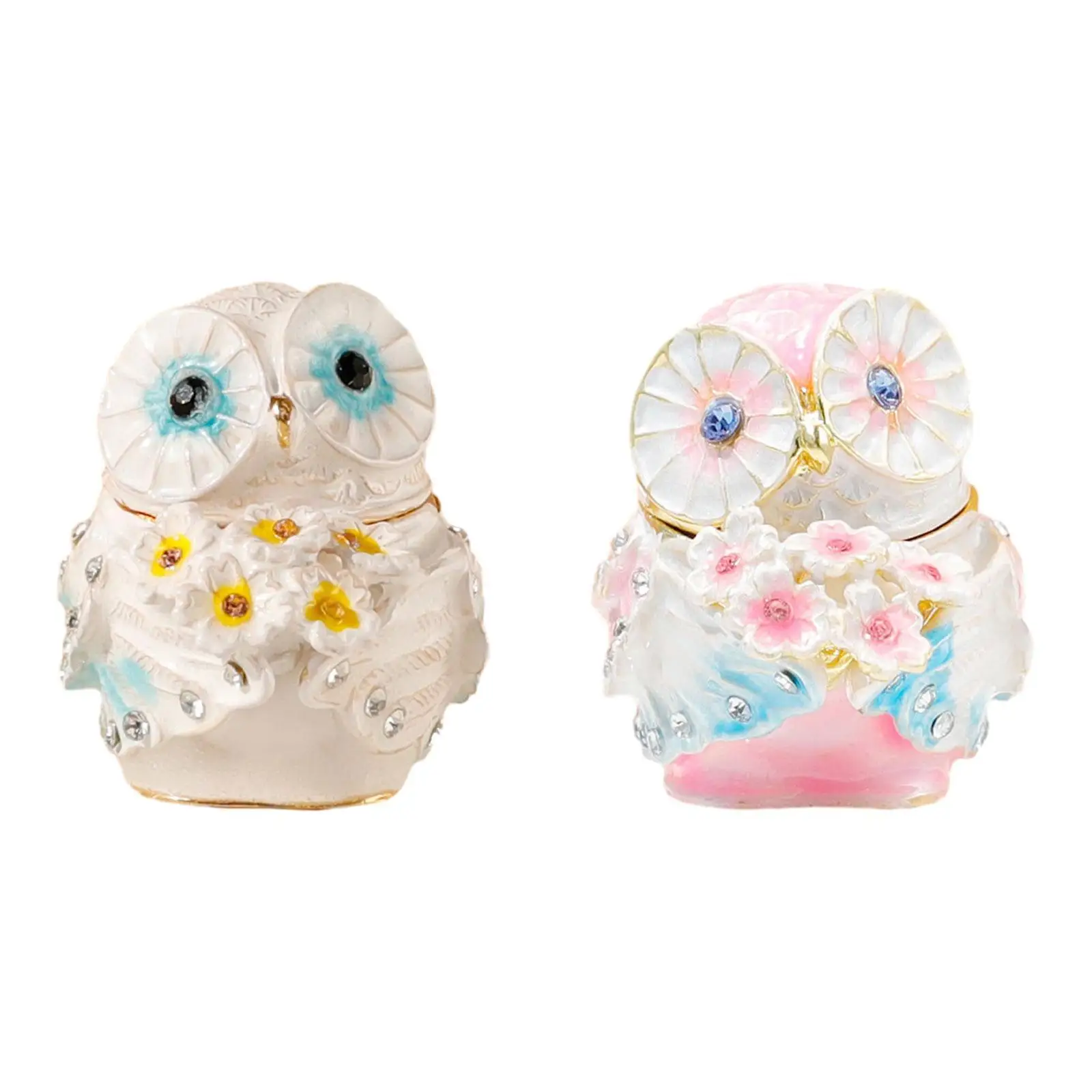 Owl Trinket Box Decoration Tabletop Craft Sculpture Animal Statue Hand Painted Enamel for Necklace Earring Pendant Rings Bedside