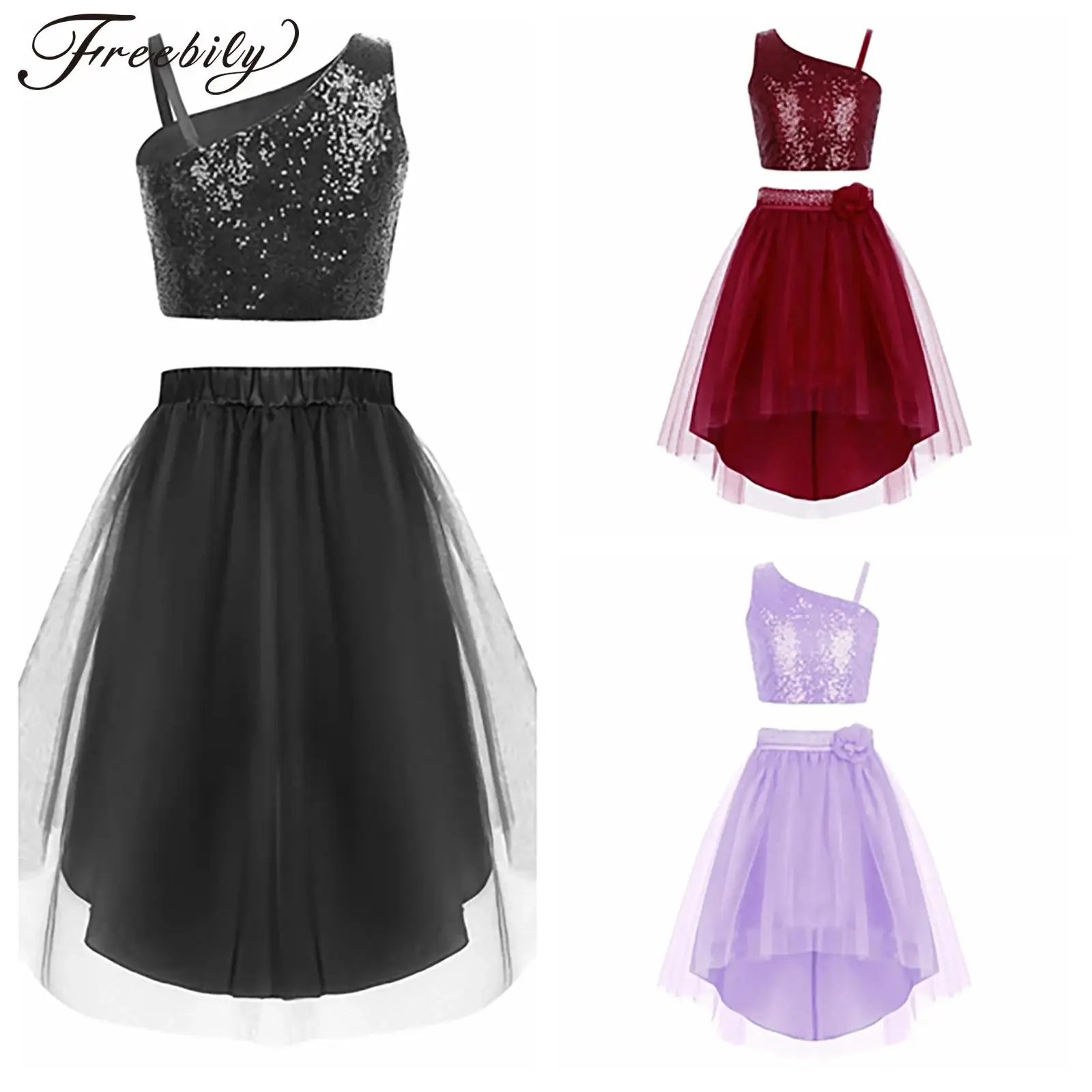 Vestito da balletto per ragazze Top con paillettes scintillanti + Gonna in tulle Tutu per bambini Abiti da pattinaggio di figura Set di costumi per spettacoli
