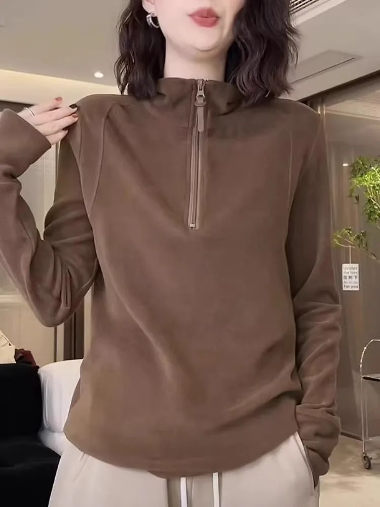 

Женская флисовая толстовка с воротником-стойкой и эффектом самонагревания, высокоэластичный базовый слой, новинка осень-зима 2025, многослойная одежда