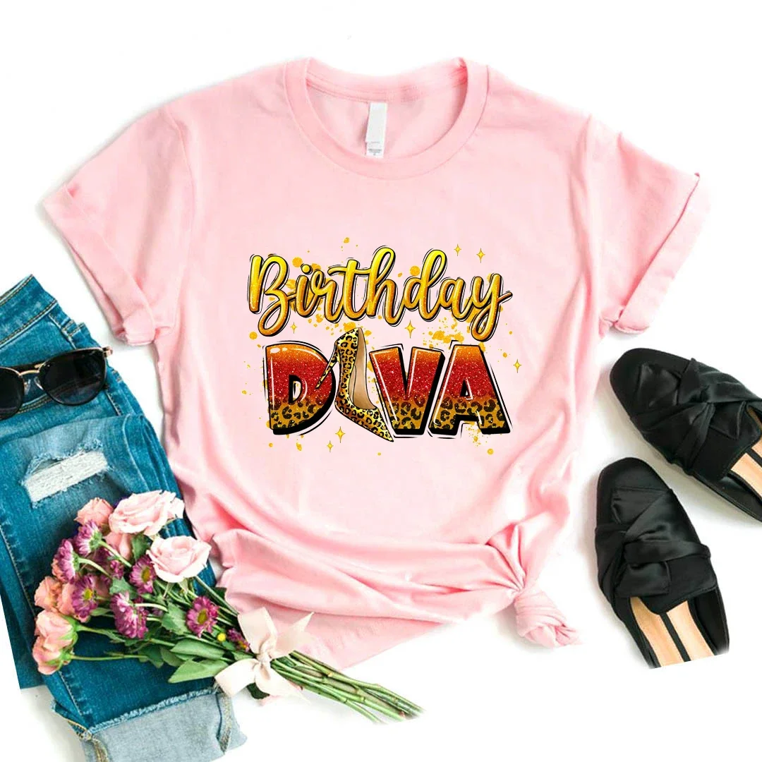 New Leopard Birthday Diva High Shoes Graphic Printed Tshirt Women Fashion Wine Glass T Shirt Femme Summer Short Sleeve T-Shirt