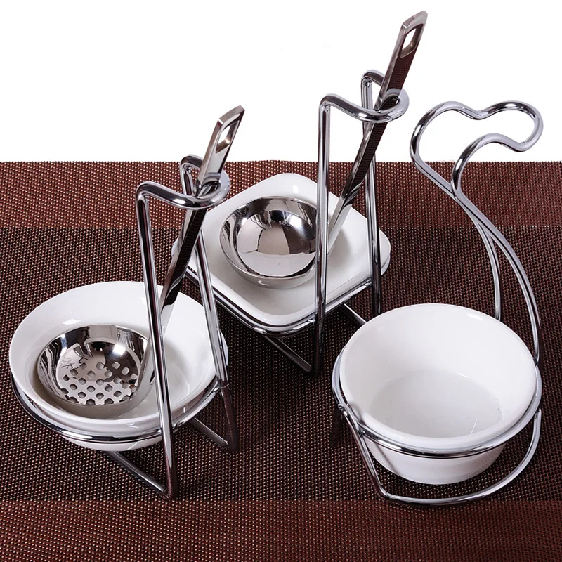 New Stainless Steel Spoon Rest with Ceramic Bowl Kitchen Shelf Storage Rack Colander Spoon Holder Drainer Kitchen Accessories