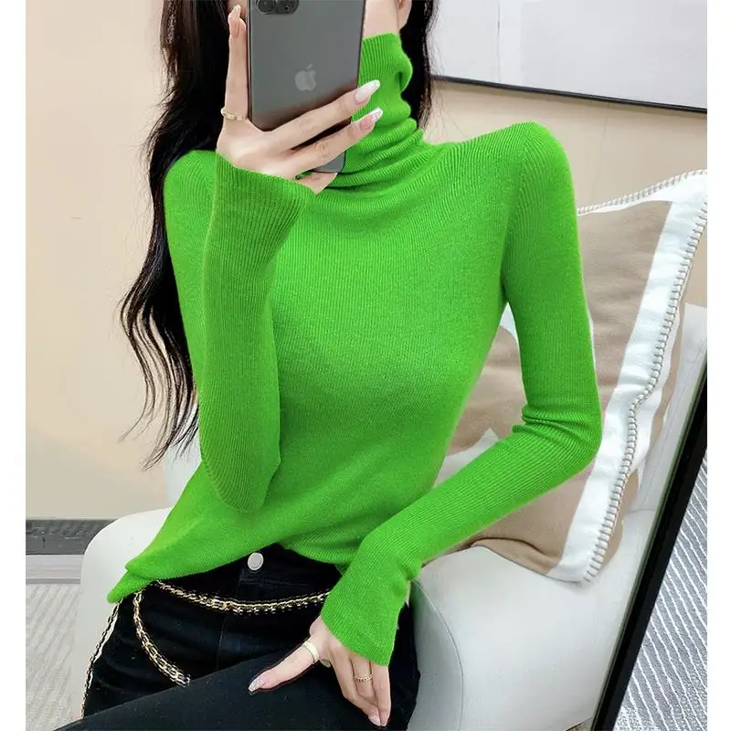 

Autumn Winter Women's Slim Fit Wool Knitwear High Collar Long Sleeve Sweater Street Style Fashion Candy Color Base Layer Shirt