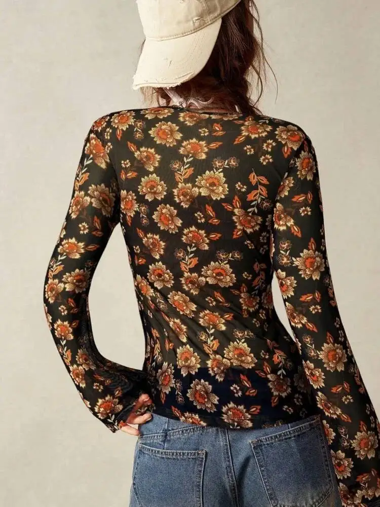 Hot Deals 2026 Korean Elegant V Neck Ruched Button Shirts Women's Y2k Floral Print Long Sleeve Blouse Vintage Slim Fit Top