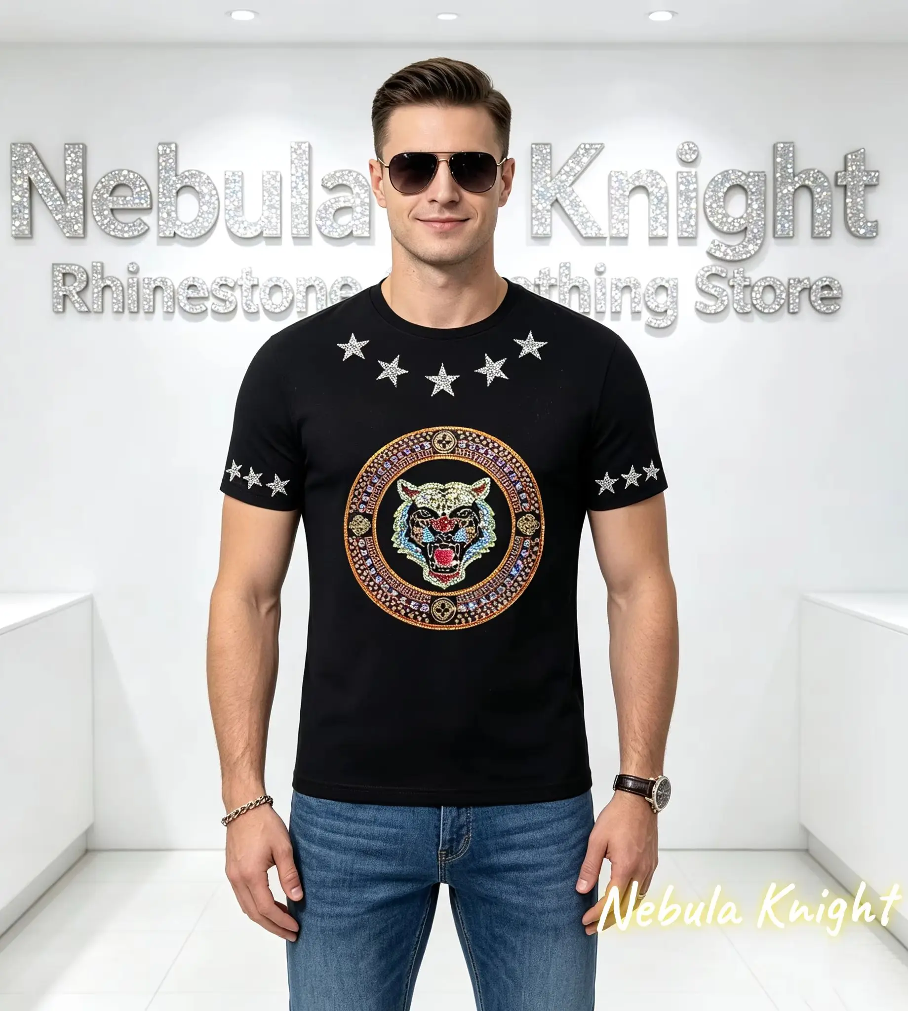 Fashion Men Bling Rhinestone Short Sleeve T Shirt O Neck Pure Cotton Tee Daily Street Casual Crystal Decor Tops