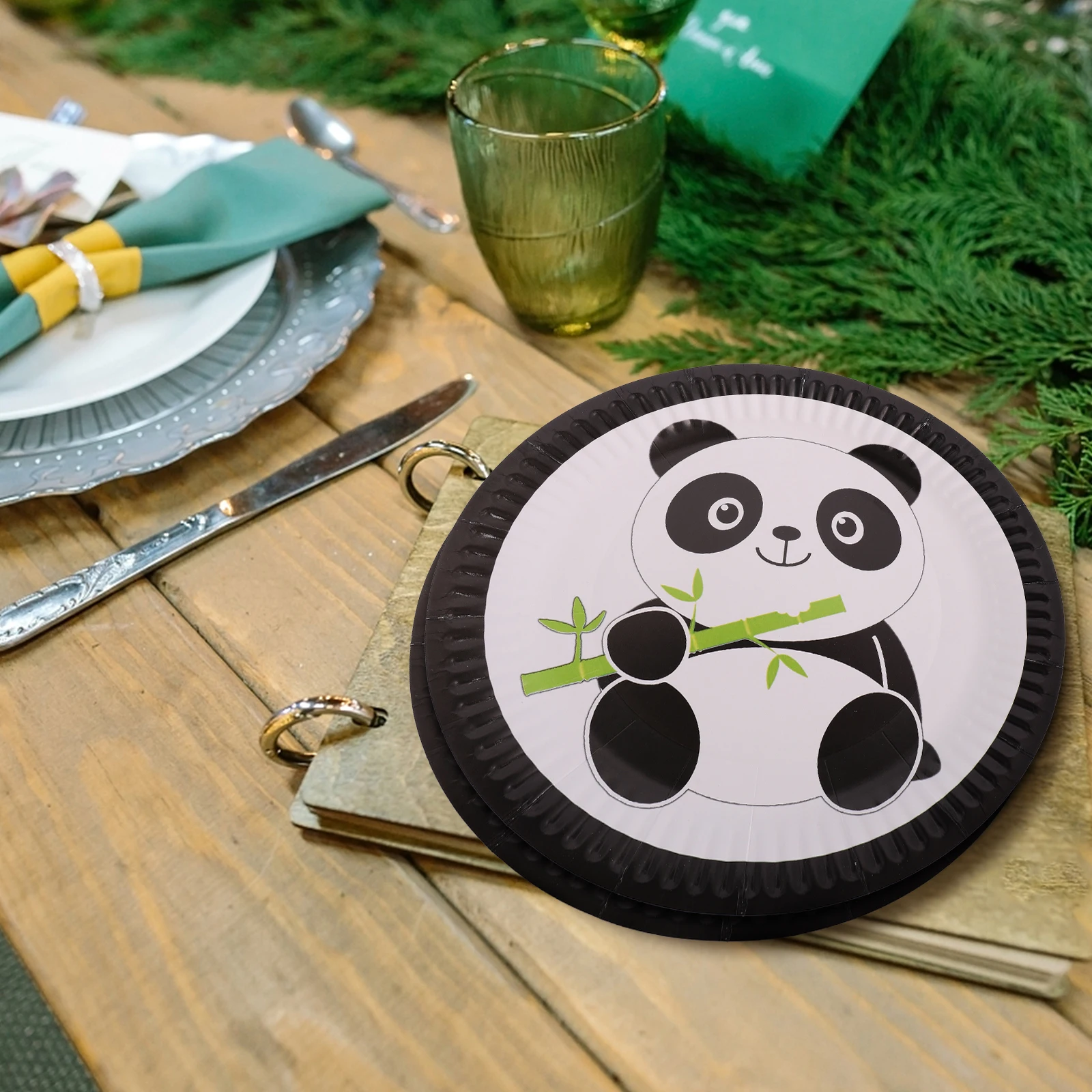 Vajilla desechable de Panda, platos, vasos, servilletas, suministros para fiestas, vajilla de papel de dibujos animados, color blanco y negro, 7 pulgadas, 9 pulgadas, 1 Juego