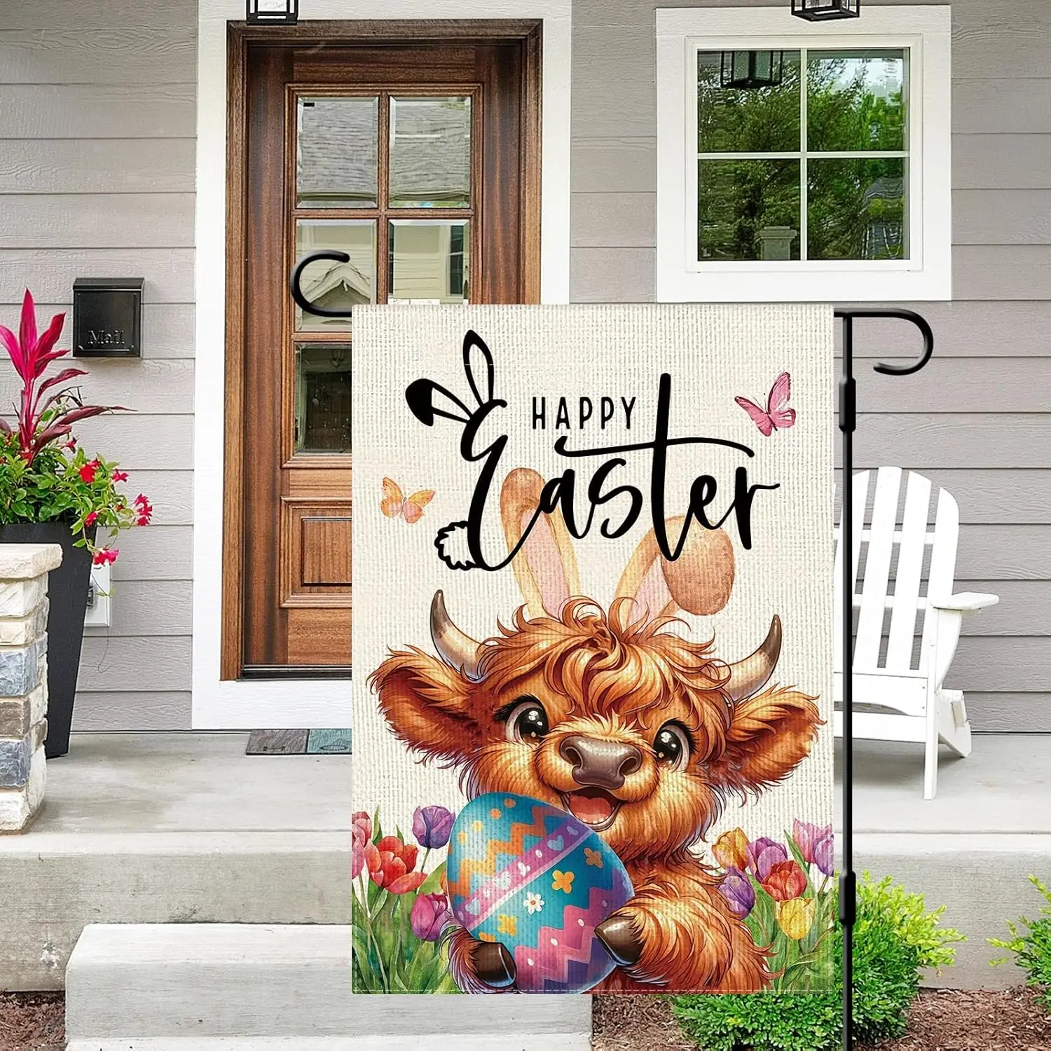 DLZDN Happy Easter Highland Cow Bunny Garden Flag 12×18 Inch Double Side Vertical Burlap Farmhouse Yard Sign Spring Holiday  WWP
