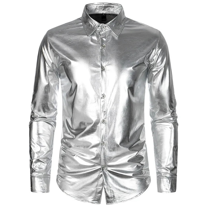 #4757 Gold Silver Hip Hop Shirt Men Shinny Night Club Long Sleeve Shirt Male Turn-down Collar Streetwear Shirt Dance Wear Spring