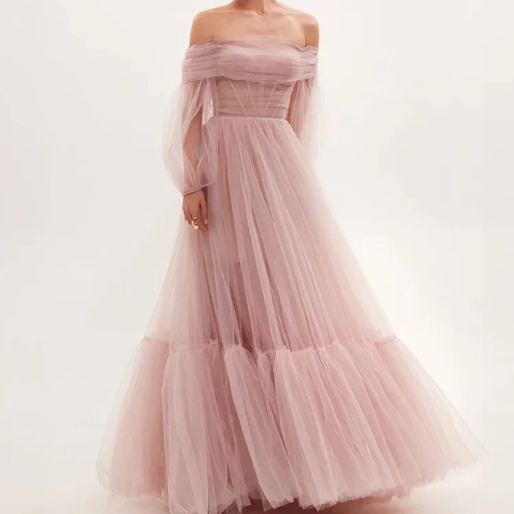 New Long Women's One Shoulder Mesh Long Sleeved Dress Sexy Tulle Full Dress