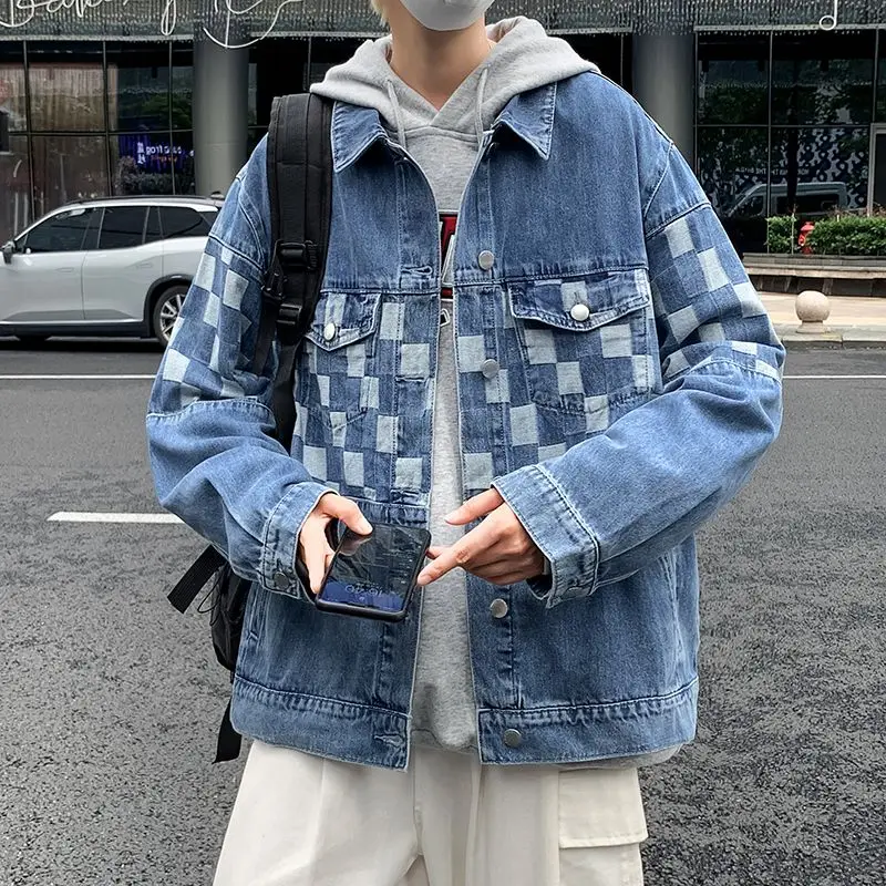 

Spring and Autumn Retro Lattice Splicing Denim Jacket Men High Street Hip Hop Trend Streetwear Loose Handsome Leisure Coats