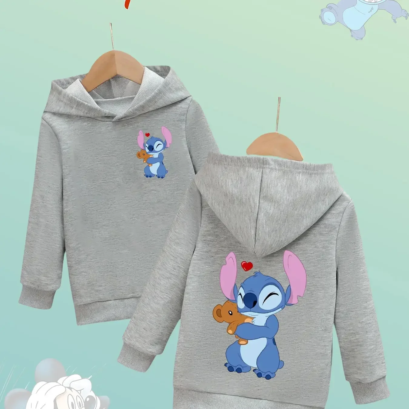 سويت شيرت بغطاء للرأس مريح وعصري للأطفال مطبوع عليه غرزة لطيفة من ديزني للخريف والشتاء للفتيات والفتيان في الهواء الطلق