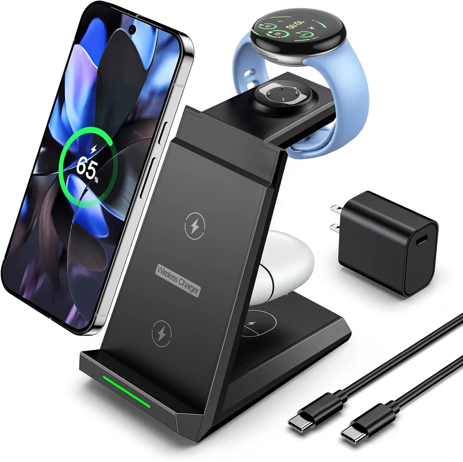 

3-in-1 Wireless Charger Stand for Google Pixel 10/10 Pro/9/Fold, Buds Pro 2/Pro, Watch 3/2, Fitbit Versa 4/Sense 2