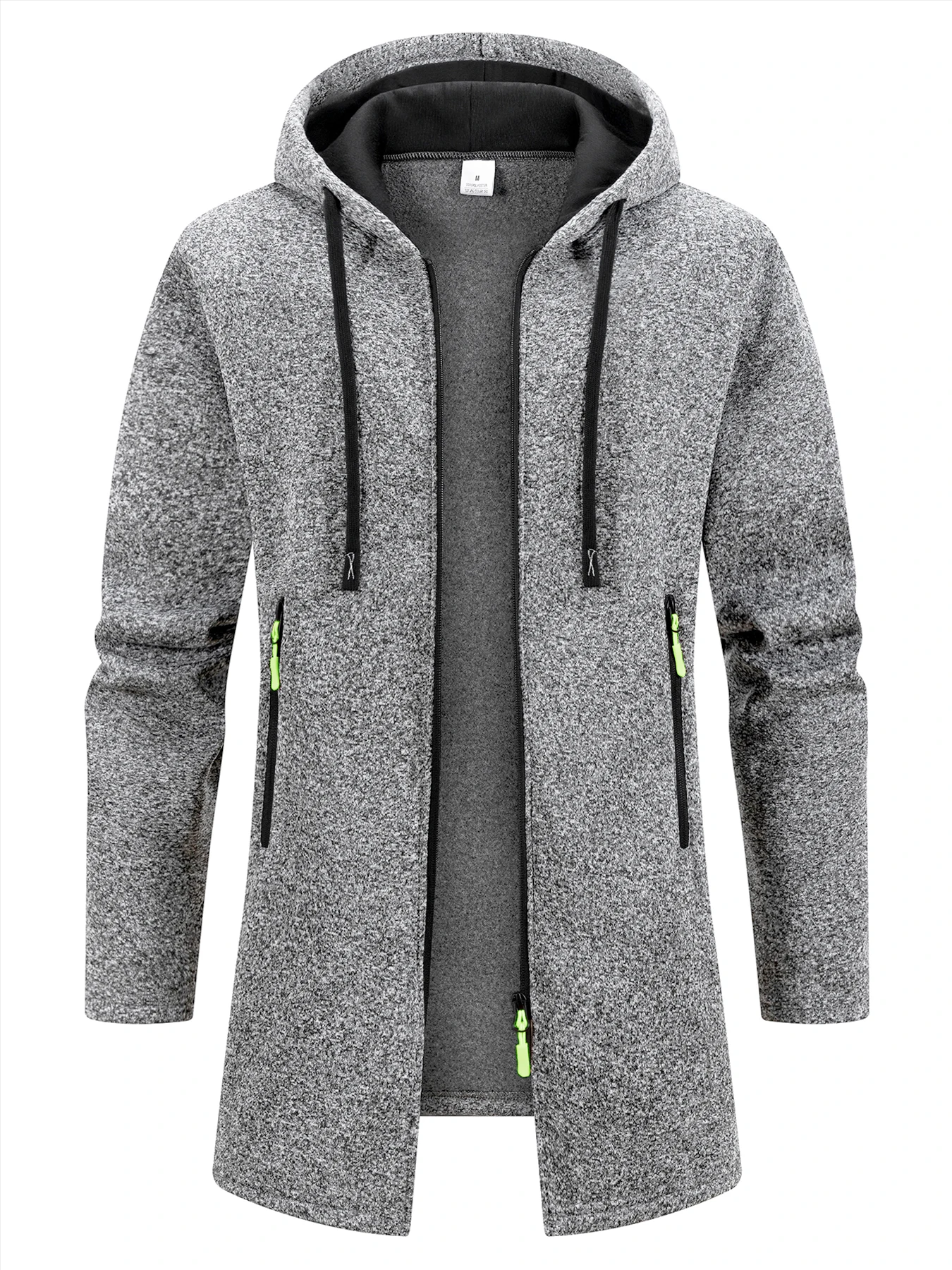 Men's Mid-Length Heather Knit Hooded Coat Full Zip Fleece Lined Outerwear with Drawstring Zipper Pockets Casual Wear