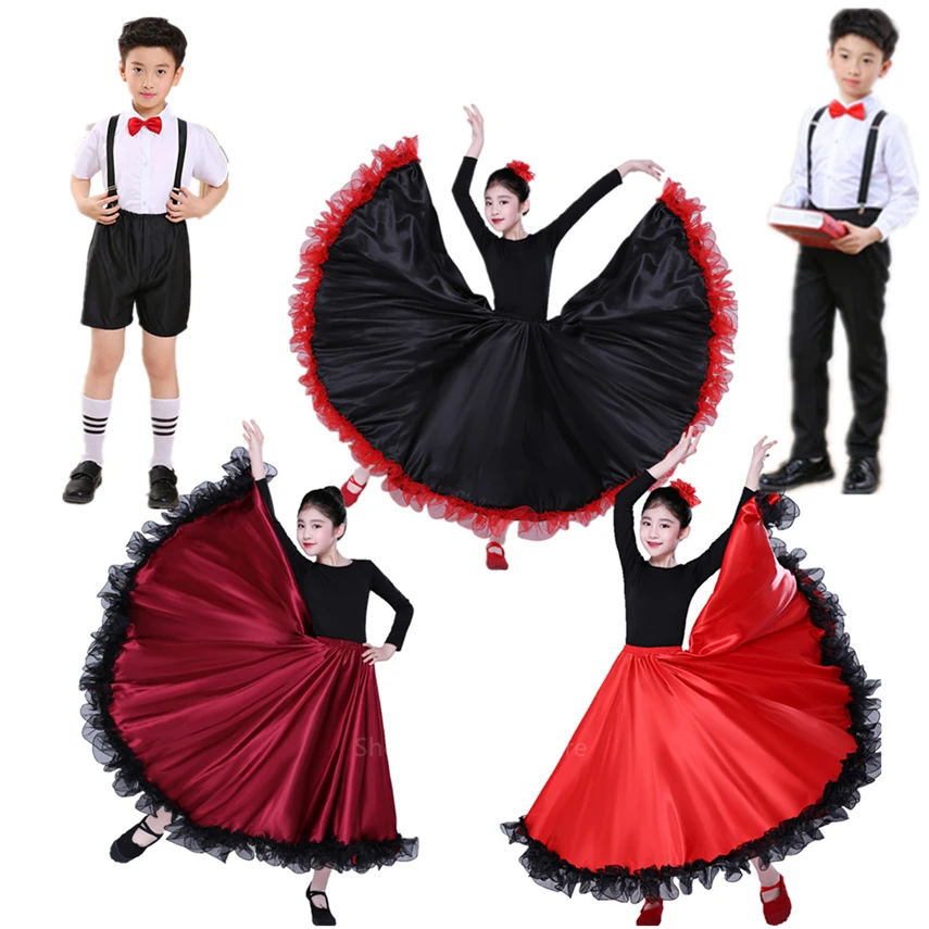 Spanish Dress Kids Flamenco Dance Costume Gypsy Skirts 360 540 720 Degree Children 100-150CM Girl Boy Big Swing Dress Ballroom