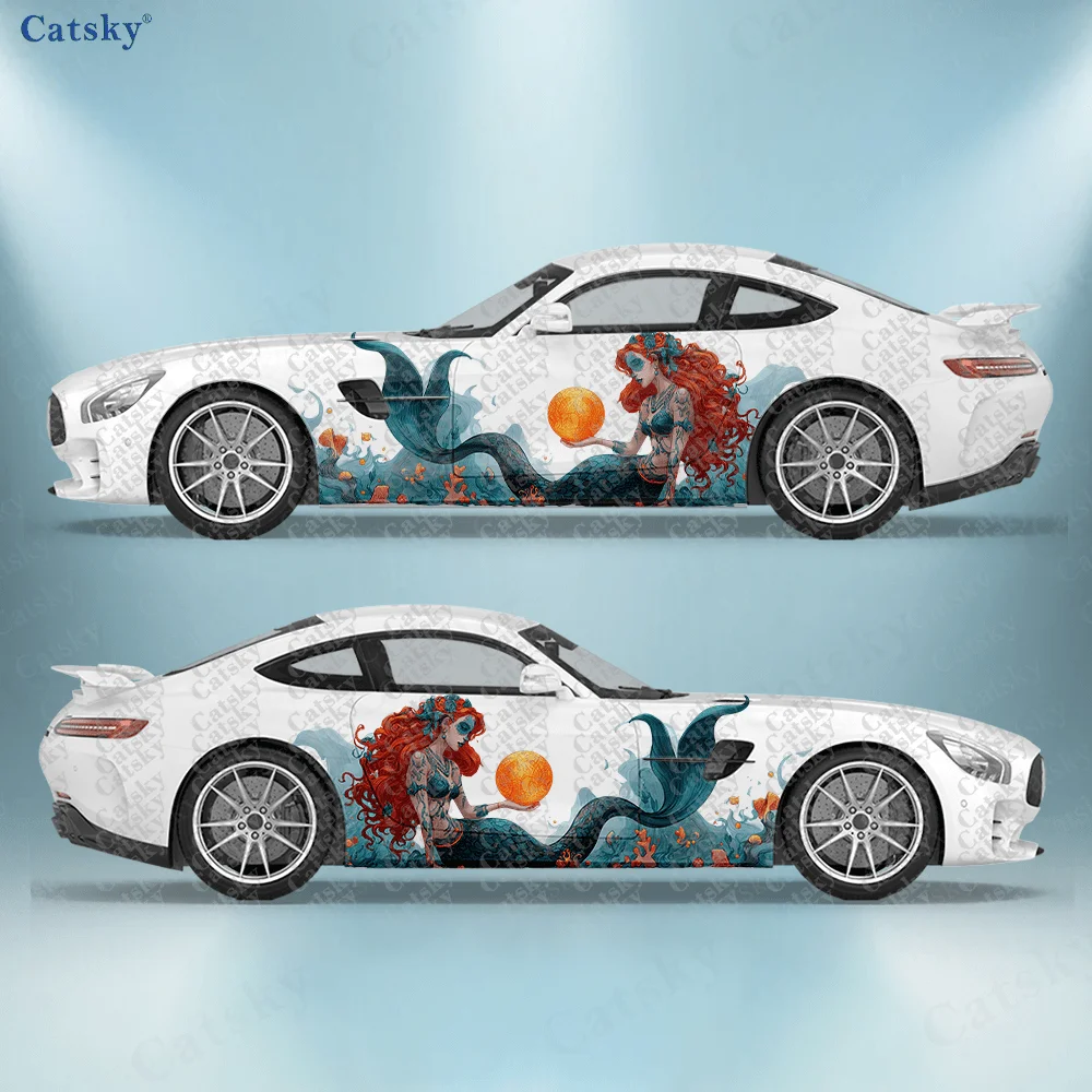 

2pcs Mermaid Exploring the Underwater Car Side Wraps, Self-Adhesive PVC Waterproof & Scratch-Resistant Stickers, Car Accessory