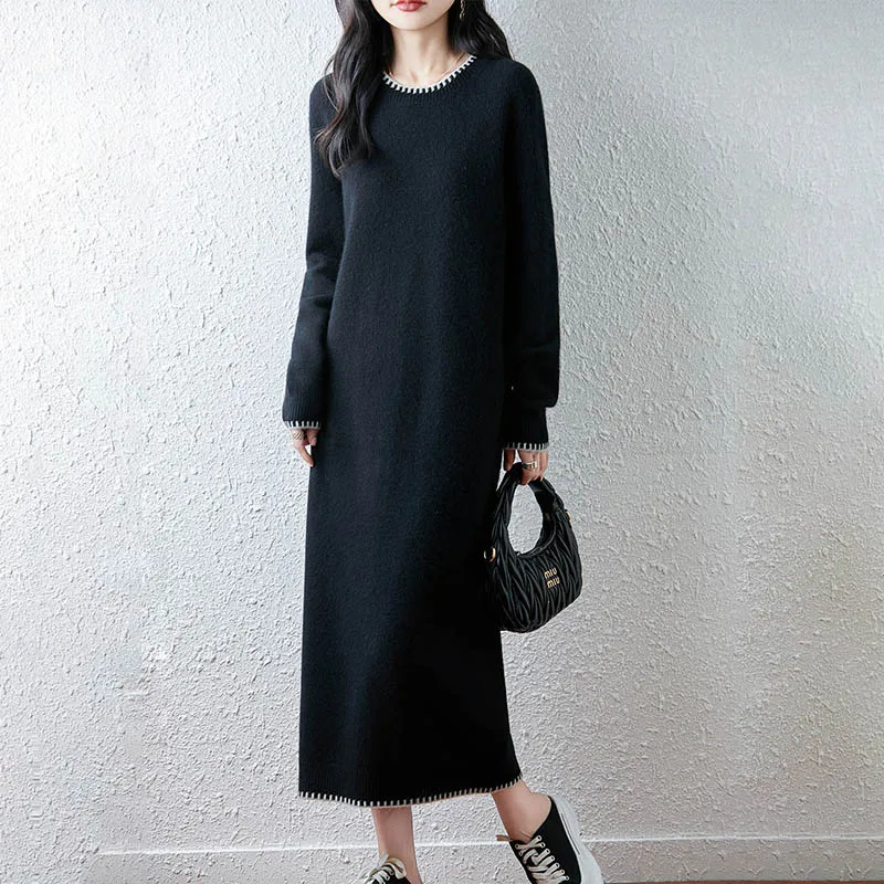 ZYCZCXXFall/hiver 2025 nouvelle robe tricotée 100% laine Pure femmes couleur ample correspondant à manches longues col rond robe de mode douce