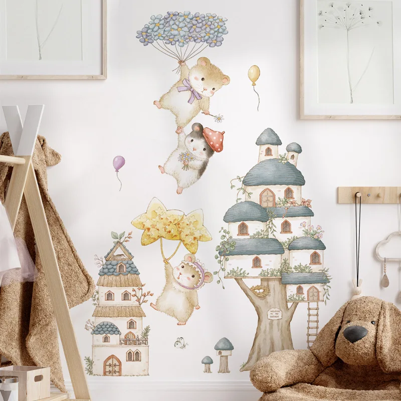 Cartoon Wall Sticker For Children Hamster Flower Pot Plant PVC Room Decor Stickers Home Accessories Self-Adhesive Wallpaper