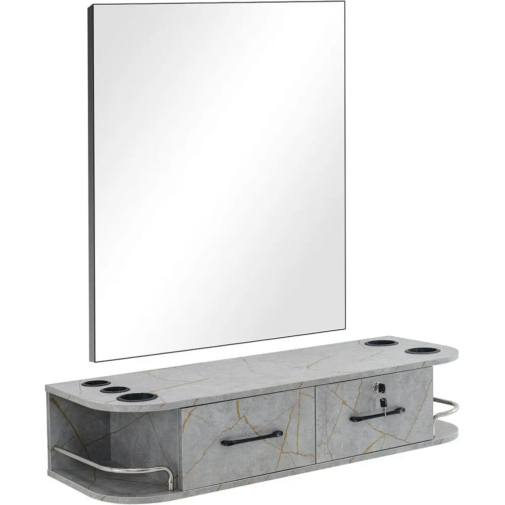 Locking Wall Mount Styling Barber Station with Mirror Beauty Spa Sn urniture,6154-5012-mirror (Gold&Grey)