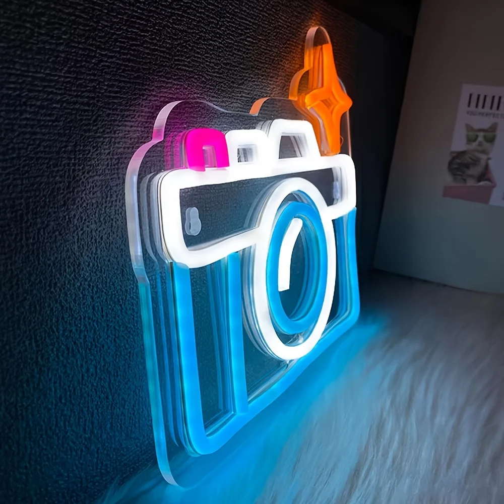 Camera-Shaped LED Neon Sign - Wall-Mounted Photo Studio with /Off, Plastic Fixture Suitable for Cafe, Party, Living Room