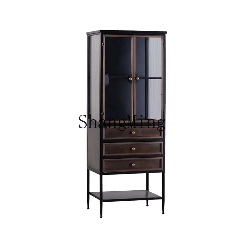 ZYY خزانة زجاجية فاخرة خفيفة على طراز وابي سابي لغرفة المعيشة خزانة عرض حرفية على الطراز الصناعي خزانة تخزين متعددة الأدراج #1