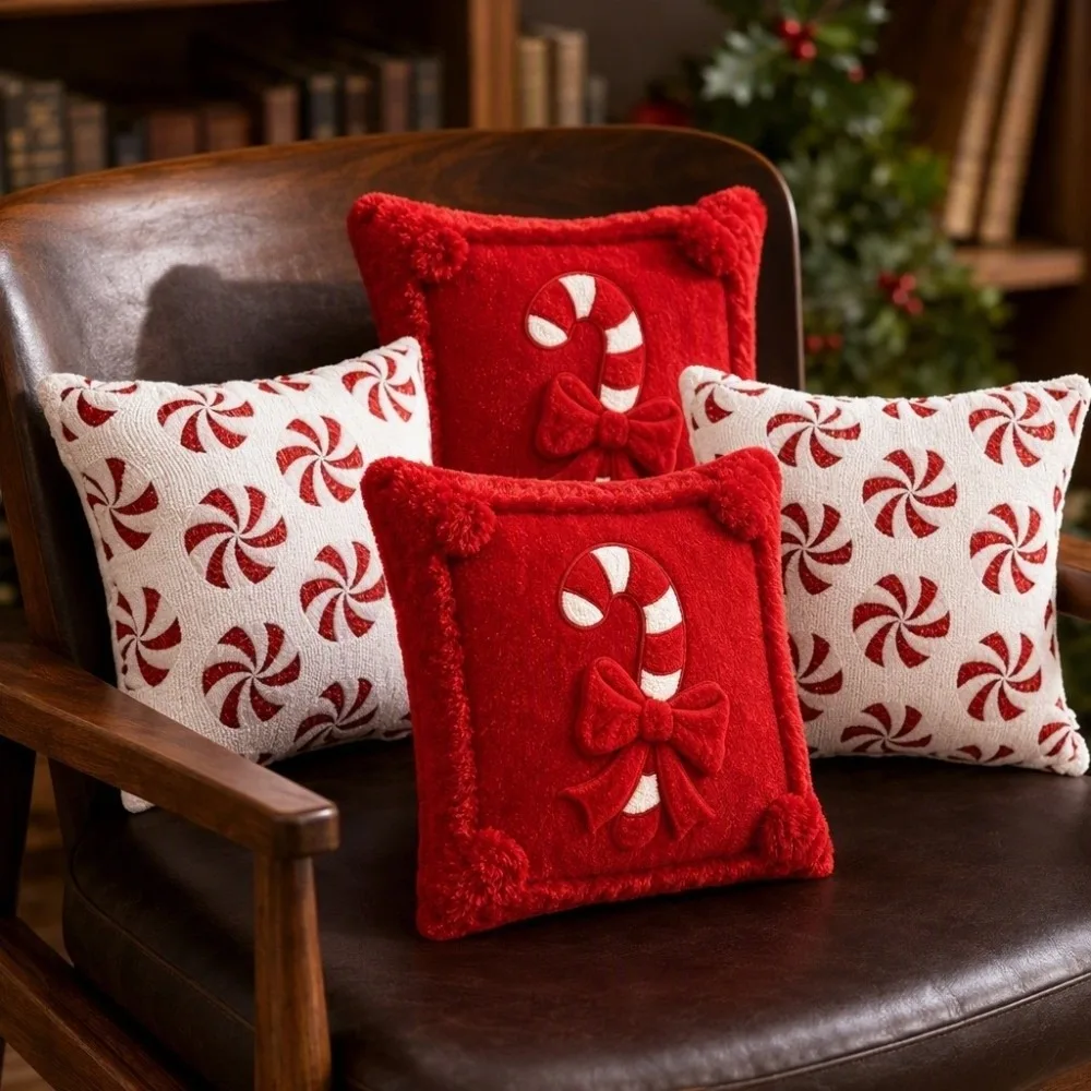 Xmas Plush Christmas Pillow Cover Durable Soft Comfortable Cushion Cover 18X18 Inches Candy Cane Bow Design Pillowcase Party