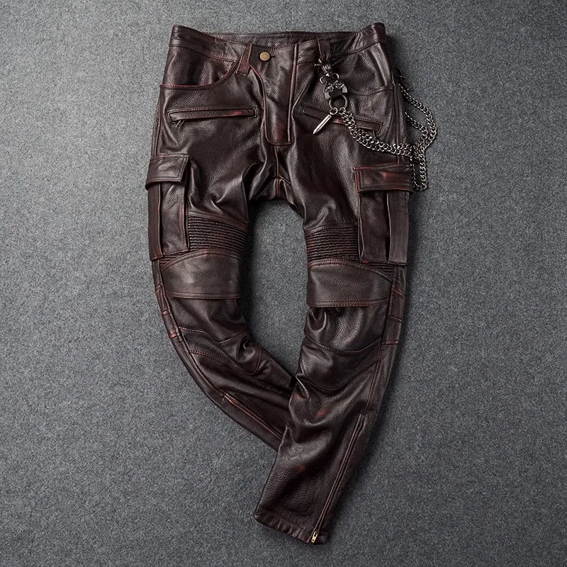 4 Seasons Motorcycle Riding Pants Unisex Genuine Leather Waterproof Windproof Antifall Multipocket Tooling Pantalones Cuero Moto