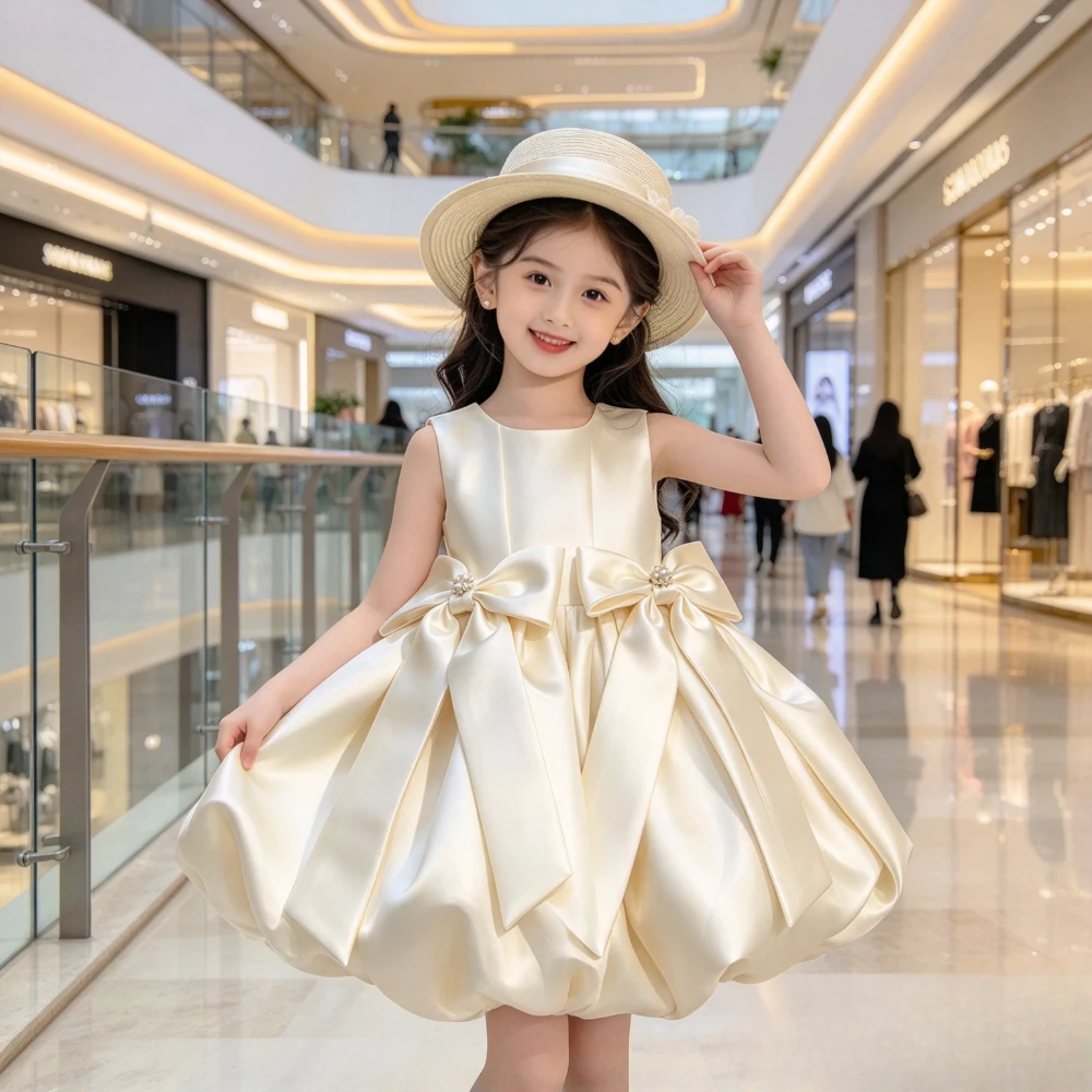Elegant Party Dresses For Girls Baby Girls First Birthday Party Dress Kids Gold Bow Wedding Flower Girl Princess Gown Children