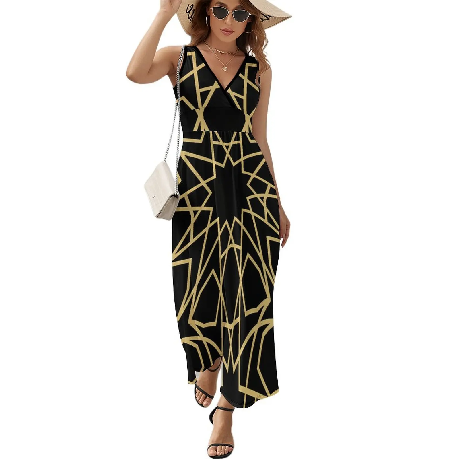 

Vintage Geometric Dress Women Gold Lines Print Night Club Maxi Dress V Neck Sleeveless Streetwear Printed Bohemia Long Dresses