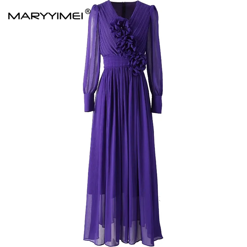 MARYYIMEI Women\'s Elegant Streetwear Ball Gown Dress Autumn and Winter V-Neck Appliques Chiffon Evening Dresses