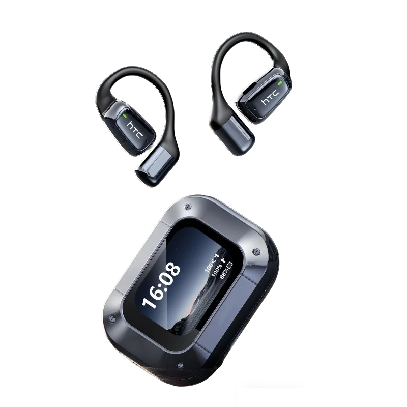 HTC NE25 Open-Ear-Kopfhörer, kabellos, Bluetooth V6.0, KI-Übersetzer-Ohrhörer, HD-LCD-Display, sicherer Sitz, 30 Stunden Wiedergabezeit