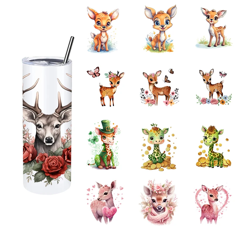 LETOP 1PCS Coffee Cup And Deer Transfer Sticker Custom Vinyl Wrap Sticker 20oz Tumbler Sticker Wrap Deer And Flowers