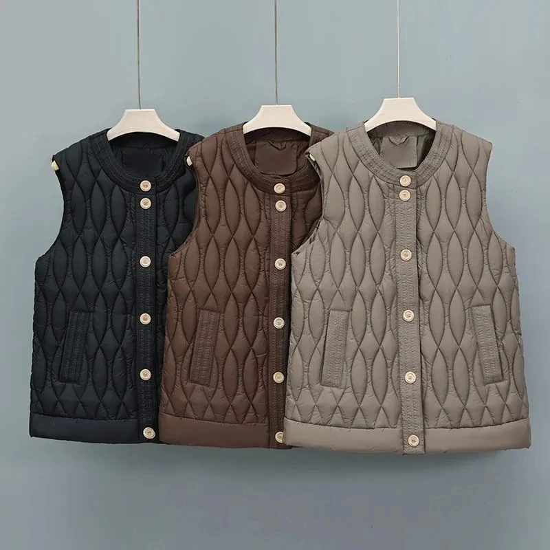 Gilet in cotone con tasche basic Donna Autunno Inverno Conciso monopetto Parka senza maniche Donna Girocollo Giacche in cotone Donna