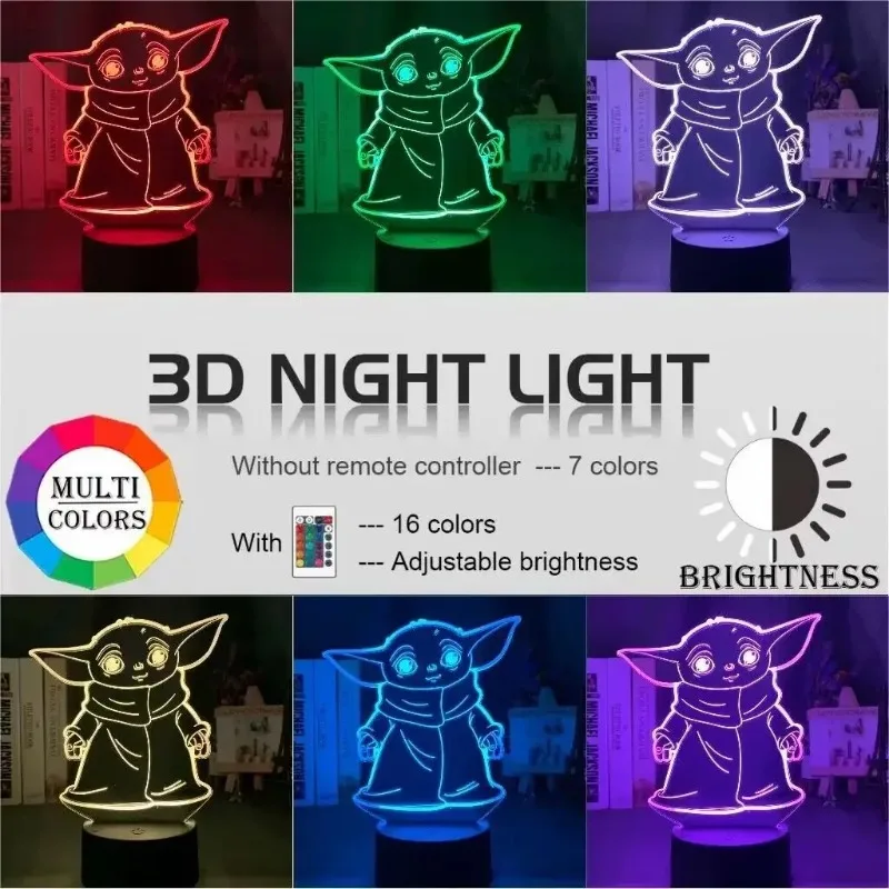 Figurki Anime Star Wars Lampa 3D LED Illusion Night Light Yoda Baby Lampara dla dzieci Dekoracja sypialni Lampka nocna Manga Lampa stołowa