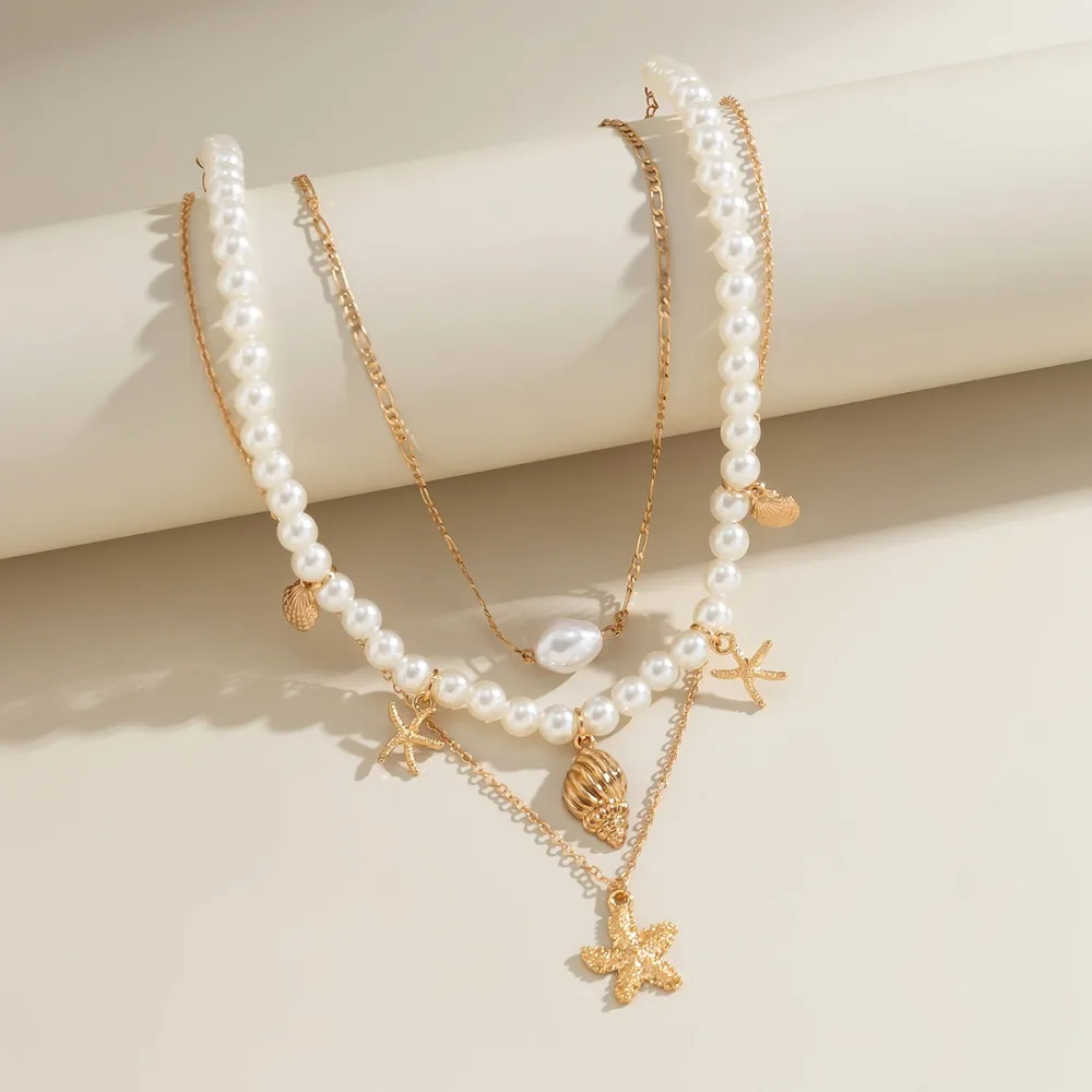 Retro Trend Starfish Shells Fish Tail Pendant Imitation Pearl Beaded Multiple Layer Chain Necklace for Women Beach Jewelry Gifts