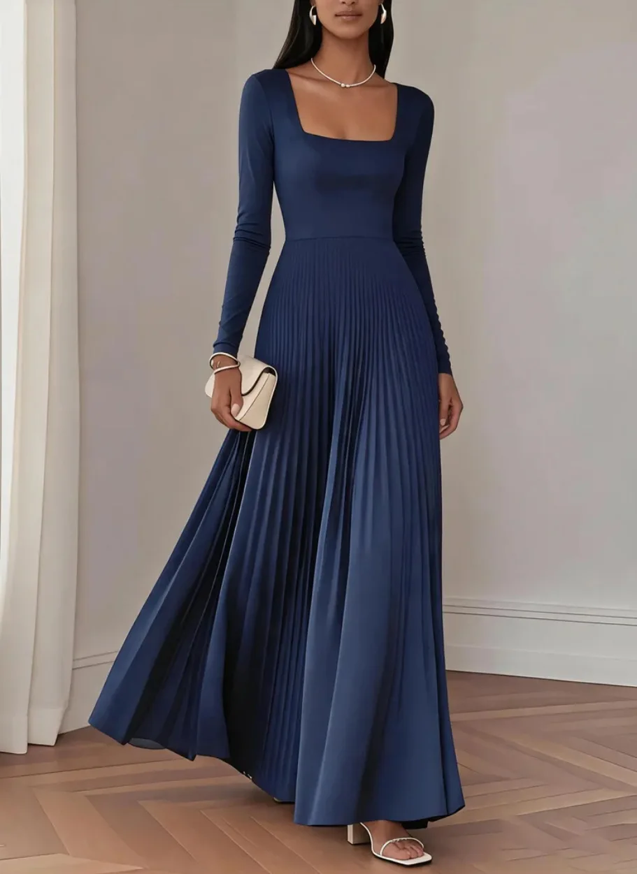 Modisches Maxikleid mit eckigem Ausschnitt, langen Ärmeln, enganliegendem Oberteil, hoher Taille und plissierter Rockpartie – Kleid für Hochzeitsgäste