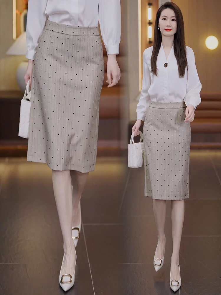 

Summer Polka Dot Suit Skirt High Waist Midi A-Line Skirt Women's Elegant One-Step Skirt Casual Polyester Blend Skirt