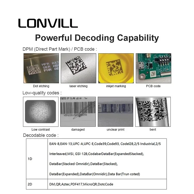 LONVILL OEM عالي السرعة صناعي 1D 2D Dm قارئ باركود USB COM LAN، HID RS232 إيثرنت ماسح الرمز الثابت لخط الإنتاج