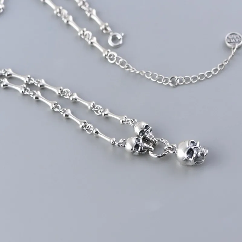 BOCAI 100% Real S925 Silver Jewelry Retro Creative Design Trendy Punk Skull Stick Bone Necklace for Woman