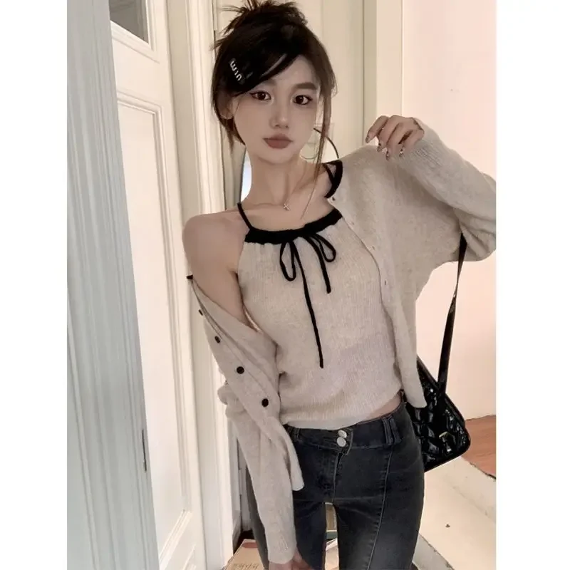 Gagaok Korean Style Cardigans Two Piece Set 2024 Autumn Contrast Color Sweater Long Sleeve Top+casual Short Sling Vest