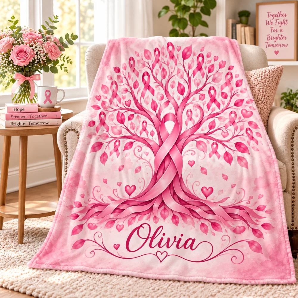 Custom Name Pink Ribbon Tree of Life Breast Cancer Throw Blanket, Soft Flannel Awareness Blanket, Support Gift for Women