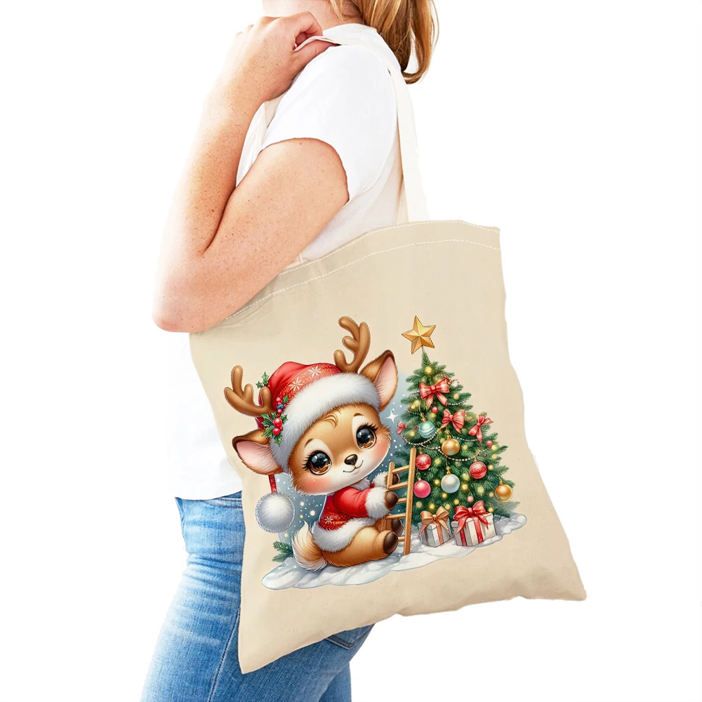 Christmas Red Reindeer Shopping Bags Cute Cartoon Girl Gift Double Print Canvas Shopper Bag Fairy Tale World Lady Handbag Tote