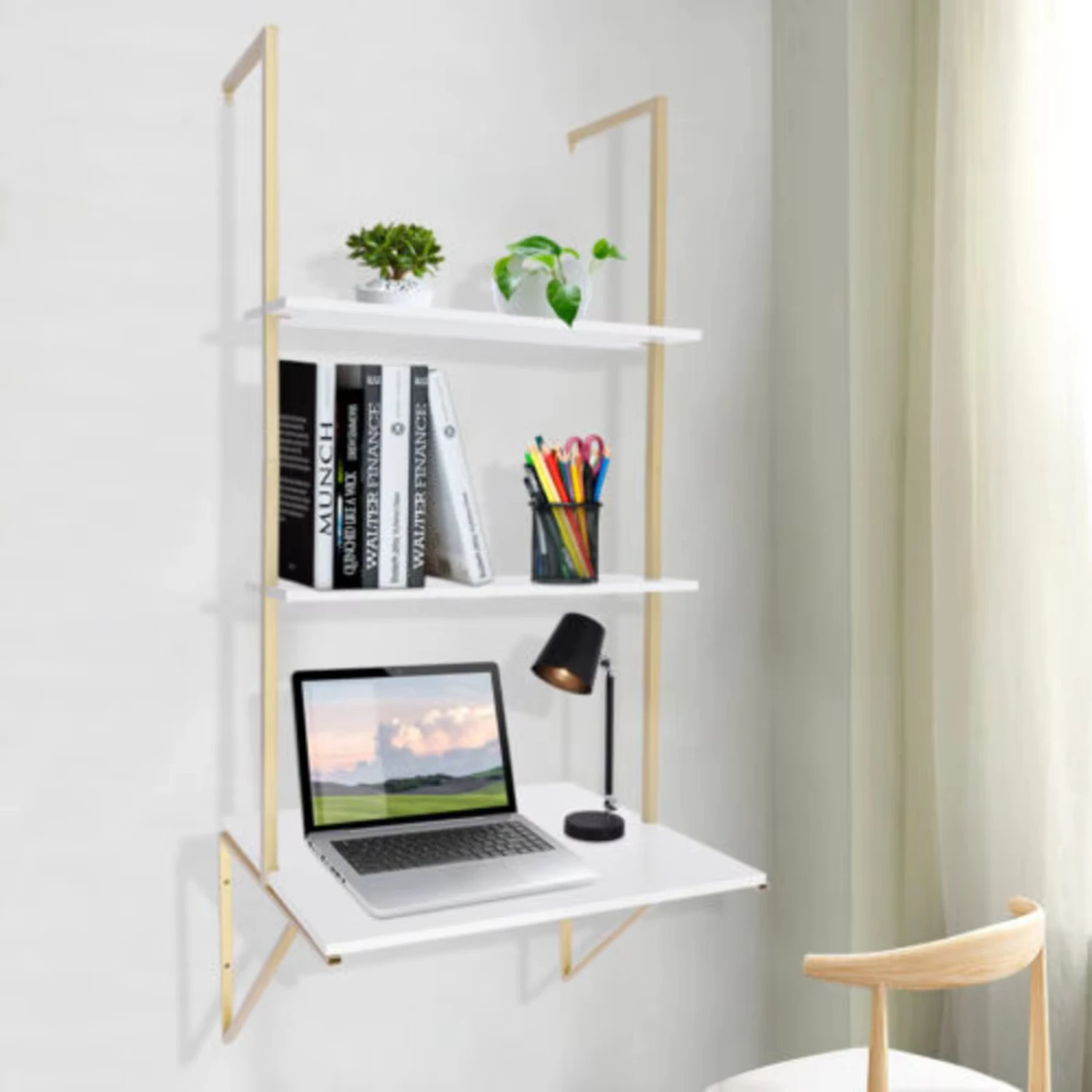 

3 Tier White & Gold Wall Mount Ladder Desk Floating Shelves Desk